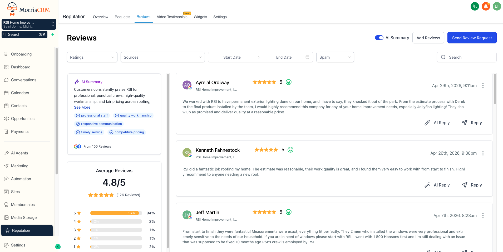 Company reviews through Morris CRM